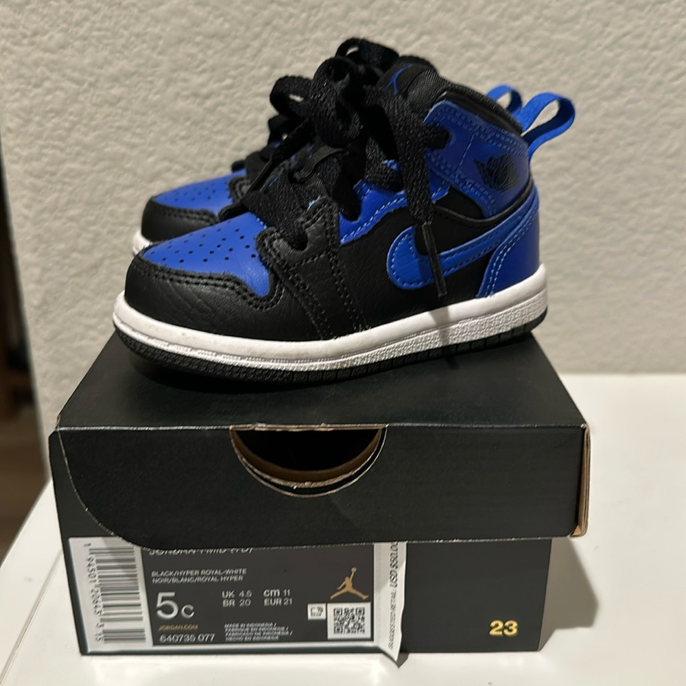 Jordan 1 mid black/hyper royal. Size 5c infant/toddler